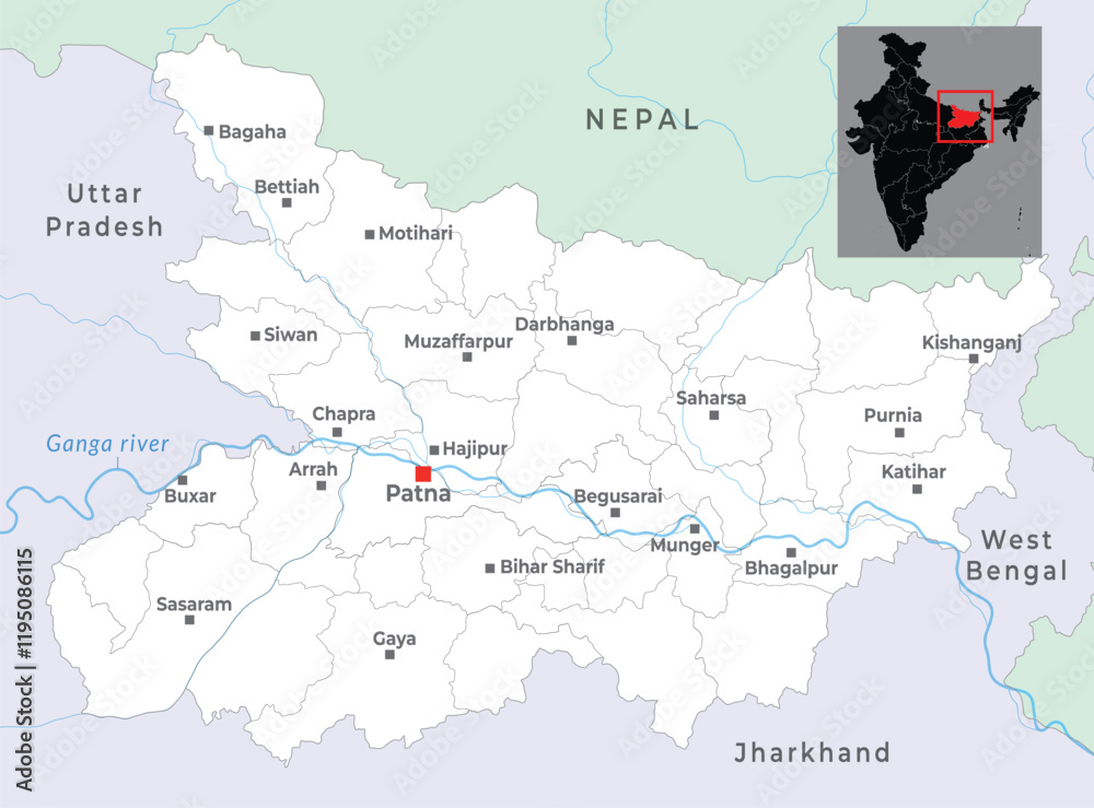 Bihar map showcasing its geography, borders, districts, major cities ...