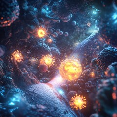Poster - Glowing cell under attack by menacing viruses in vibrant microscopic environment. Generative AI