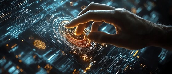 Aufkleber - Hand interacting with digital virtual interface, global business communication, futuristic network connection, intelligence hologram, and internet technology background