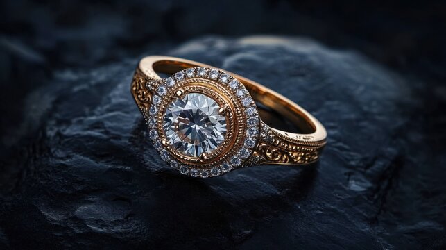 A luxury diamond ring with an intricate filigree band is elegantly displayed on a dark background, emphasizing its detailed craftsmanship.