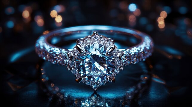 A luxury diamond ring with an intricate filigree band is elegantly displayed on a dark background, emphasizing its detailed craftsmanship.