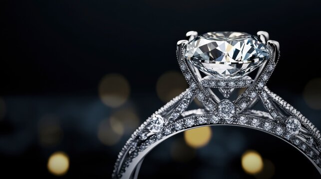 A luxury diamond ring with an intricate filigree band is elegantly displayed on a dark background, emphasizing its detailed craftsmanship.