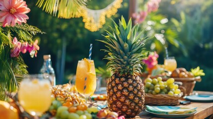 Aufkleber - Summer picnic with tropical drinks and fresh pineapples in a sunny outdoor setting. Generative AI