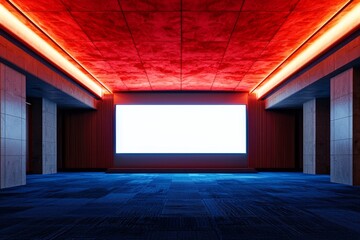 Poster - a modern exhibition area with large empty screens, a blue carpet, and red ceiling beams, set in a sp