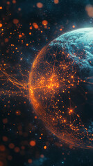 Poster - Digital globe with glowing orange network connections in space