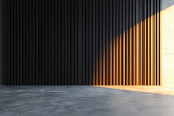 Poster - A modern room with black slatted walls running vertically, a sleek concrete floor, and a red accent lamp on the side, rendered in 3D