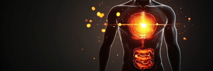 Aufkleber - Glowing human torso with vibrant focal point illuminating the abdominal area in a dark setting. Generative AI