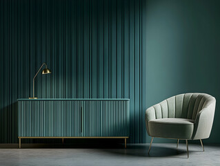 Poster - Modern interior, a sideboard in a blue-green color with brass legs standing against the wall next to an armchair on a dark background,