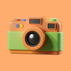Poster - A vibrant, cartoonish 3D model of a retro camera, showcasing playful colors and design.