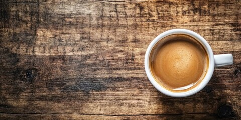 Wall Mural - Warm brown coffee in a white cup positioned on the left side of a rustic wooden table background with rich grain textures and soft shadows.