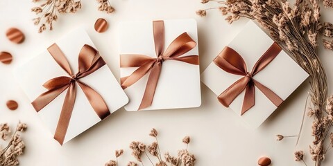 Modern gift card collection featuring three white boxes with elegant brown satin ribbons, surrounded by dried flowers and circular accents in soft colors.