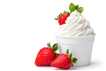 A fresh juicy strawberry with whipped cream isolated on white