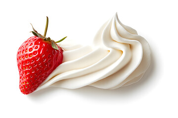 Wall Mural - A fresh juicy strawberry with whipped cream isolated on white