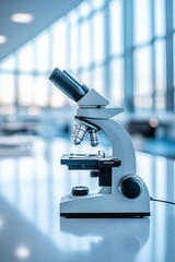 Poster - modern laboratory microscope scientific research and discovery background with copy space