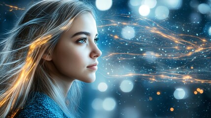 Poster - Beautiful Young Woman with Glowing Particles Streaking Past her Face, Fantasy Dream Theme