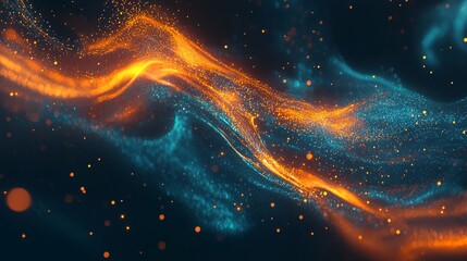 Poster - In the digital realm, streams of orange and blue data intersect, forming a futuristic landscape where information moves swiftly
