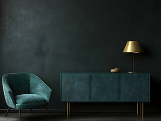 Poster - Modern interior, a sideboard in a blue-green color with brass legs standing against the wall next to an armchair on a dark background