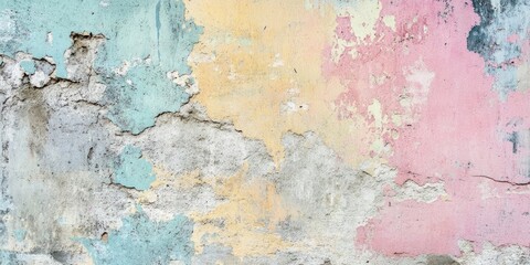 Wall Mural - Pastelcolored textured concrete wall featuring soft blue, yellow, and pink hues with weathered patterns and rustic imperfections in closeup view