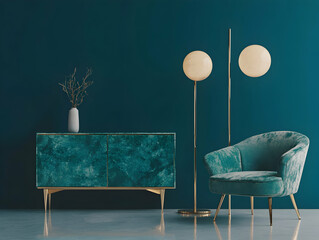 Poster - 3D render of a sideboard in a teal color with brass legs, standing on the floor. 