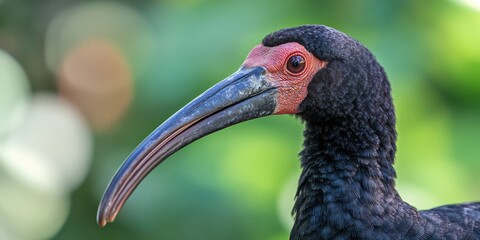 close up of a red naped ibis with glossy black feathers and vibrant red facial features against a bl