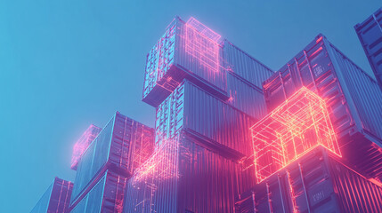 Poster - Futuristic glowing containers with neon lights in a modern cyberpunk style