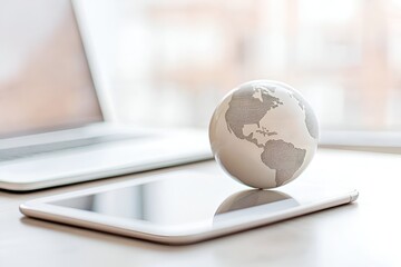 Poster - A small globe with a digital map design placed on a tablet, symbolizing global connectivity, technology, and digital communication in a modern workspace with soft natural light.