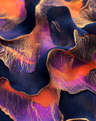 Poster - Abstract closeup of vibrant purple, orange, and gold textured fabric folds