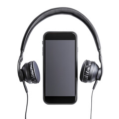 Poster - A black smartphone is positioned between a pair of black headphones, suggesting mobile audio or listening.