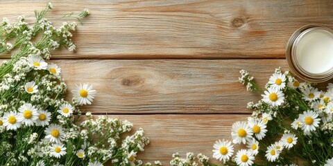 Poster - Chamomile flowers in white and yellow arrangement on a rustic wooden table with a cosmetic jar to the right and space for text on the left