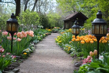 Wall Mural - Gravel path winding through lush garden with blooming tulips and decorative lanterns