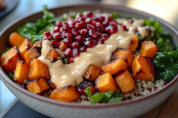 Wall Mural - Delicious roasted butternut squash, pomegranate and quinoa bowl with tahini dressing