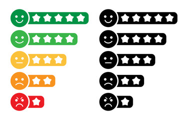 Aufkleber - Rating emoji with star in colorful and black and white color for customer experience and feedback vector illustration. Star rating for a product review. Set of rating emoji vector.