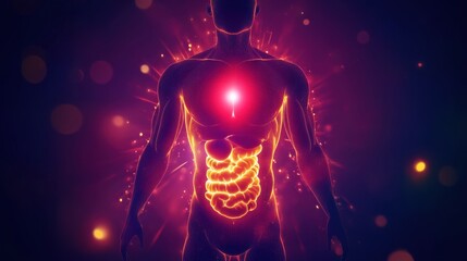 Poster - Glowing human torso with a vibrant red focal point in the stomach area showcasing energy and vitality at night. Generative AI