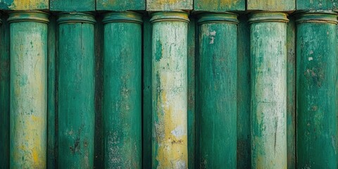 Poster - Vibrant green wooden columns with weathered textures stacked in a row contrasting against a faded yellow background creating an artistic ambiance.