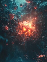 Aufkleber - Glowing cell under attack by numerous menacing viruses in a dark, dynamic environment. Generative AI