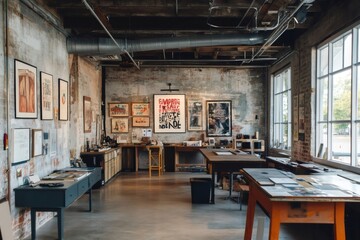 Poster - Art studio showing posters hanging on a brick wall