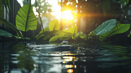 A serene illustration of a droplet of water resting on a leaf, surrounded by soft sunlight reflections.