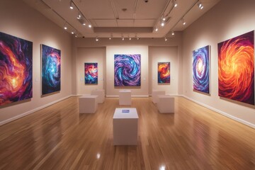Poster - Modern art gallery showing colorful abstract paintings of space and nebulae