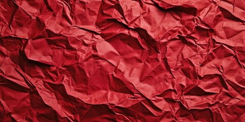 Poster - Crumpled red paper texture background with deep wrinkles and creases filling the frame, ideal for creative designs and recycled material concepts.