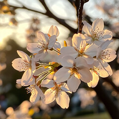 Poster - Sunlit white blossoms on a tree branch during springtime