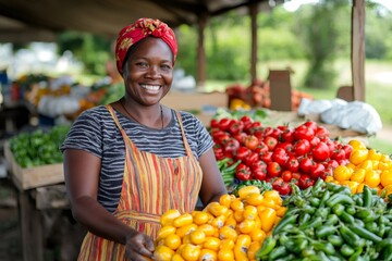 Greengrocer holding fresh yellow peppers at farmers market