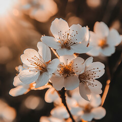 Poster - Close-up of sunlit white blossoms on a tree branch in springtime