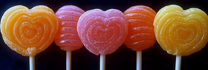 Wall Mural - Sweet Valentine's Day treats including candy hearts and colorful lollipops beautifully arranged on a decorative tray.