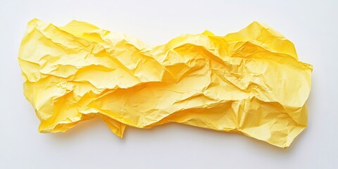 Poster - Crumpled yellow paper arranged diagonally on a bright white background showcasing texture and vibrant color contrast for creative use.