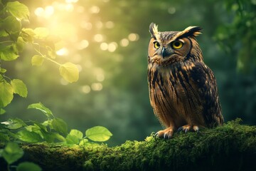 Wall Mural - Majestic owl perched on mossy branch in sunlit forest