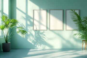 Poster - Sunlight illuminating empty frames in modern green living room with plants