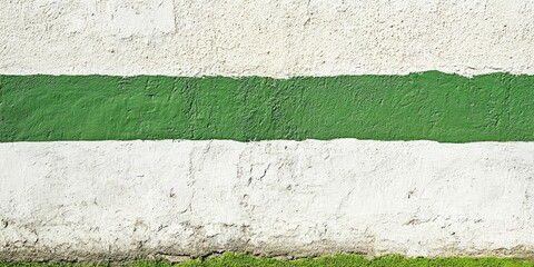 Poster - Green and white stucco wall texture with horizontal green stripe across a rugged concrete backdrop on a sunny day, featuring natural light.