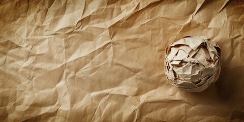 Poster - Crumpled paper ball on textured brown paper background with shadows creating depth positioned in the lower right corner of the image