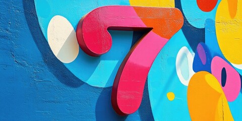 Poster - Vibrant blue backdrop featuring a large pink minus 7 with colorful abstract shapes in yellow, white and orange positioned around it