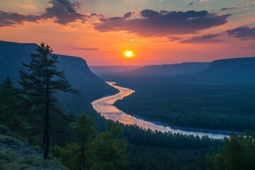 Wall Mural - Sunset illuminating winding river through vast landscape